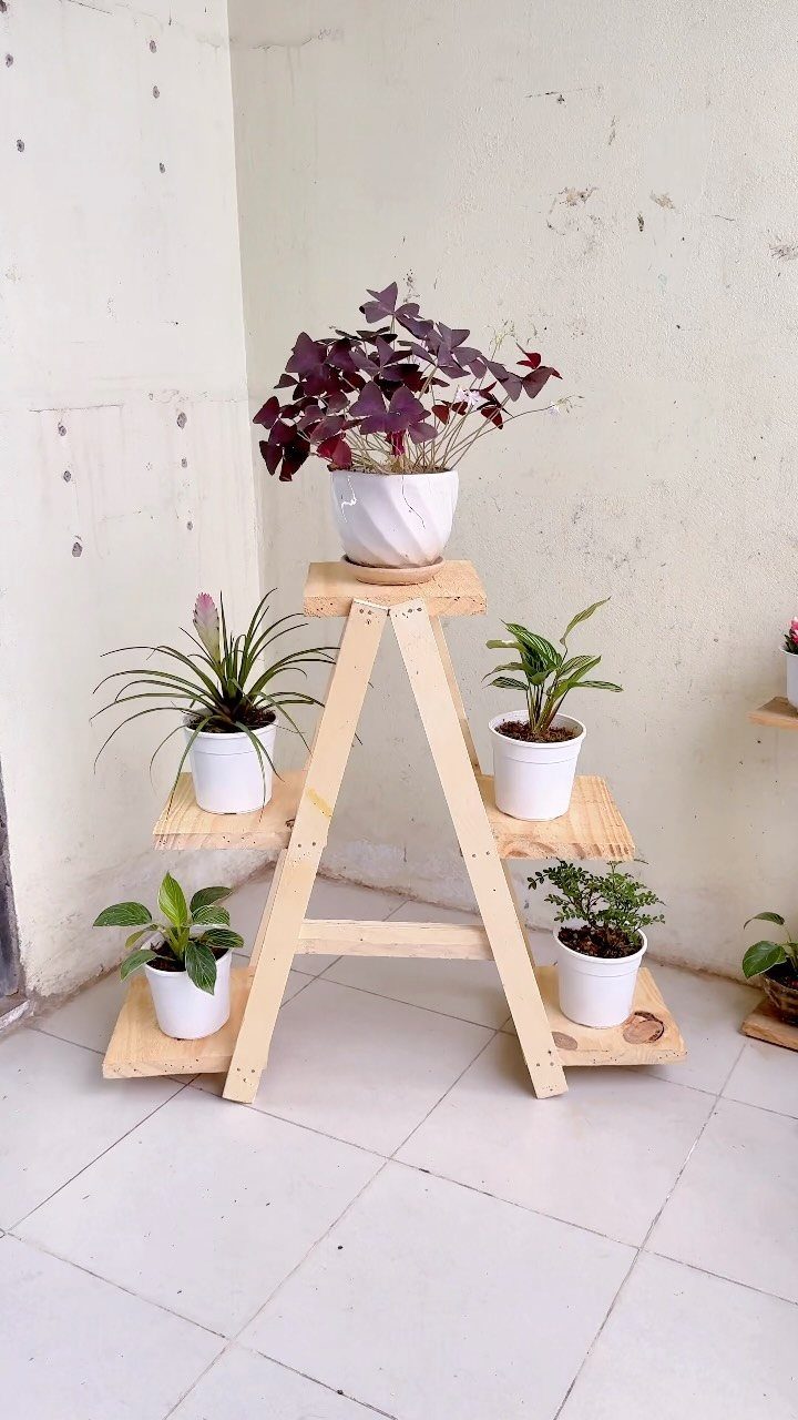 2x4 Plant Stand Ideas: 6 Builds for Indoors and Out 6 Wooden A-frame plant stand with three tiers holding white potted indoor plants.