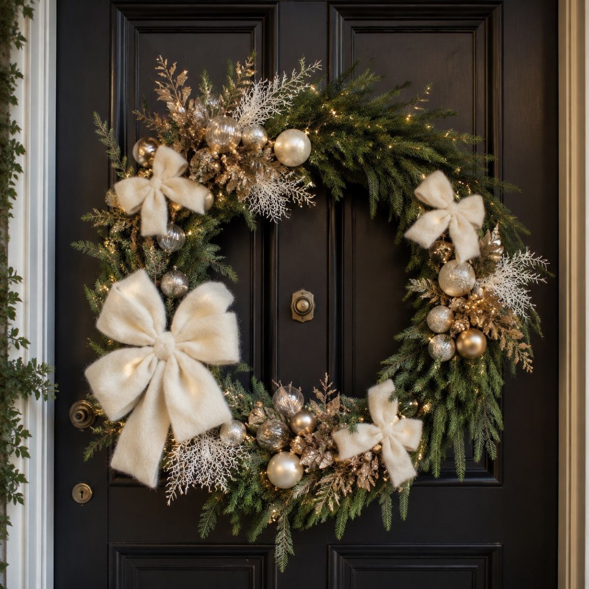 12 Christmas Decorations DIY for Outdoor Spaces 1 Evergreen Christmas wreath with gold ornaments and white bows on a black door.