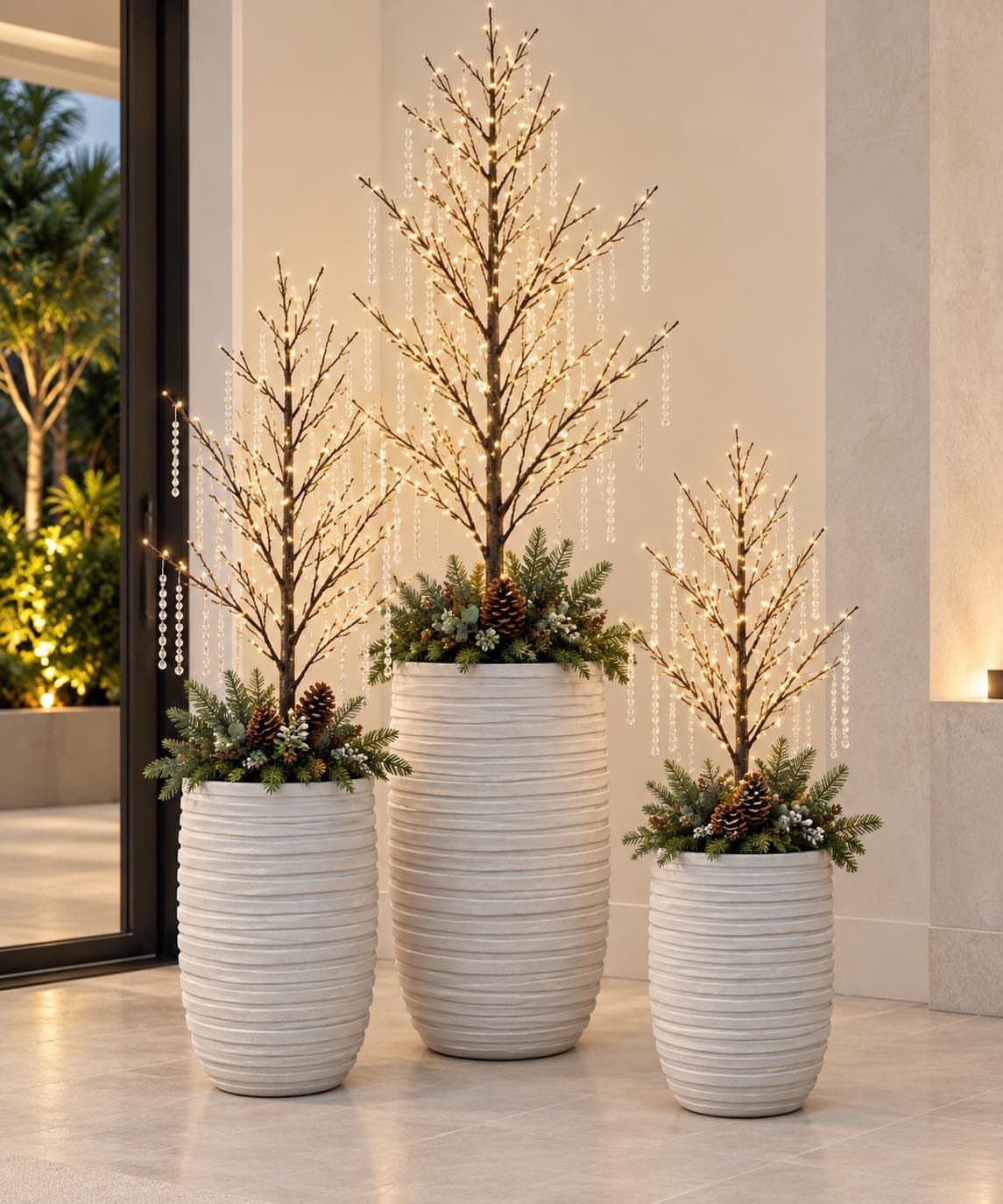12 Christmas Decorations DIY for Outdoor Spaces 4 Three white ribbed planters with lit decorative trees and pine greenery on a porch.