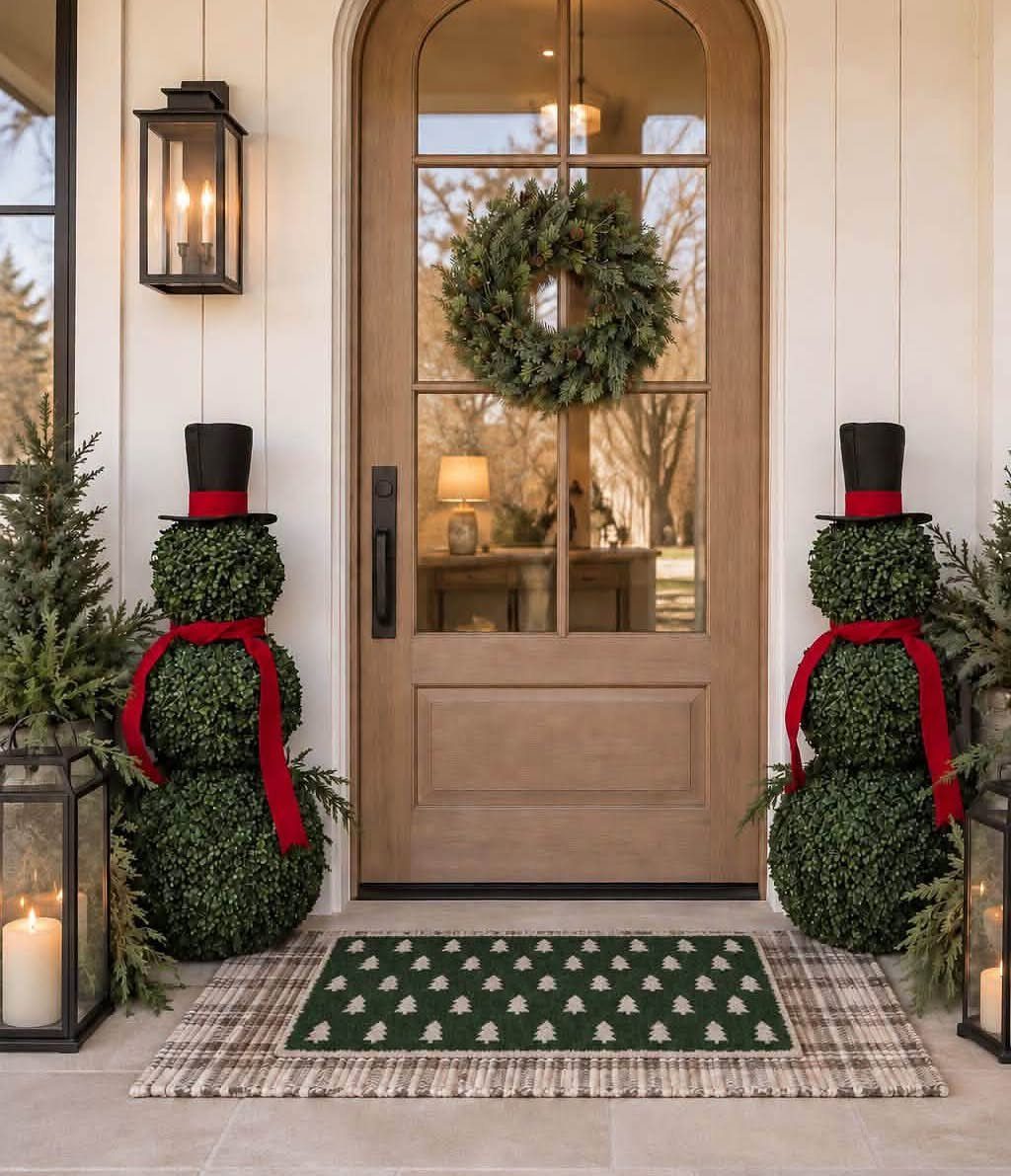 12 Christmas Decorations DIY for Outdoor Spaces 6 Two boxwood topiary snowmen with red scarves and black hats flanking a front door.