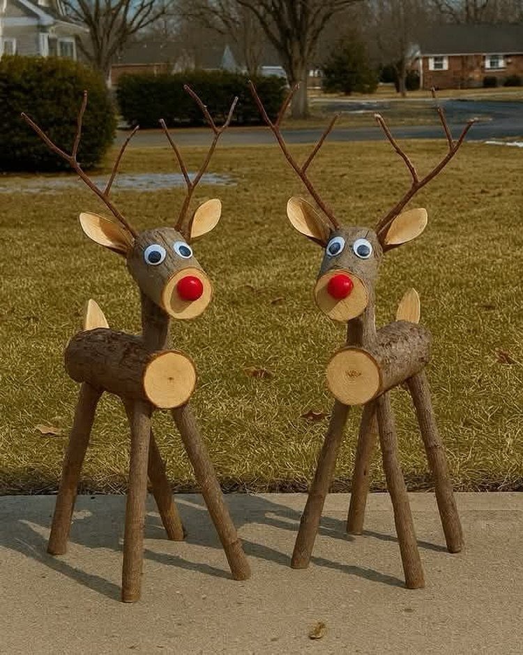 12 Christmas Decorations DIY for Outdoor Spaces 3 Two wooden reindeer figures made from logs and branches standing on a concrete path.