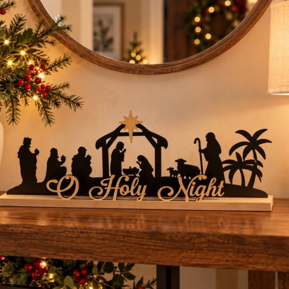8 Christmas Pallet Projects for Holiday Decor 2 Nativity scene silhouette sign with gold O Holy Night text on wooden base