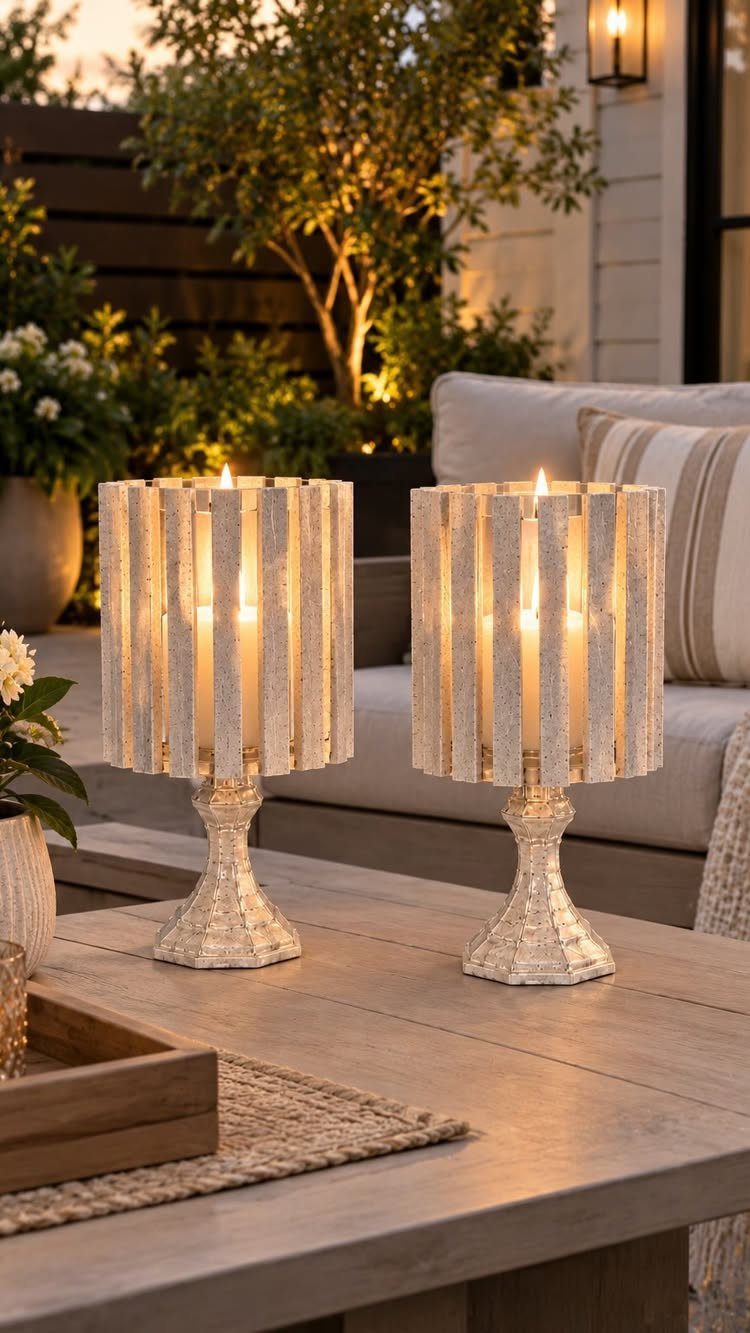 8 Christmas Pallet Projects for Holiday Decor 8 Two rustic white wooden candle holders with lit candles on a patio table.