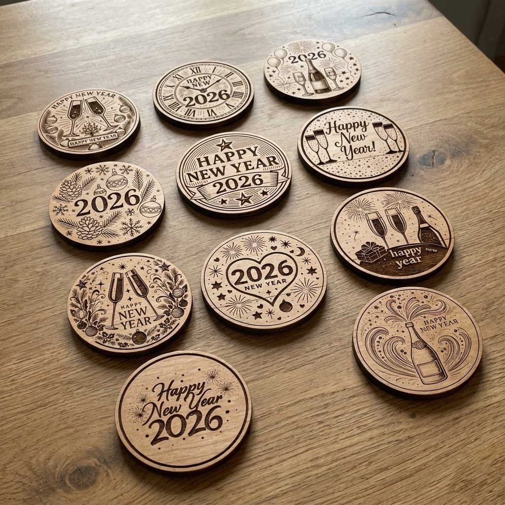 CNC Router Projects and Ideas: 10 Wood Pieces to Make 2 Circular wooden coasters with engraved New Year 2026 designs on a wooden table