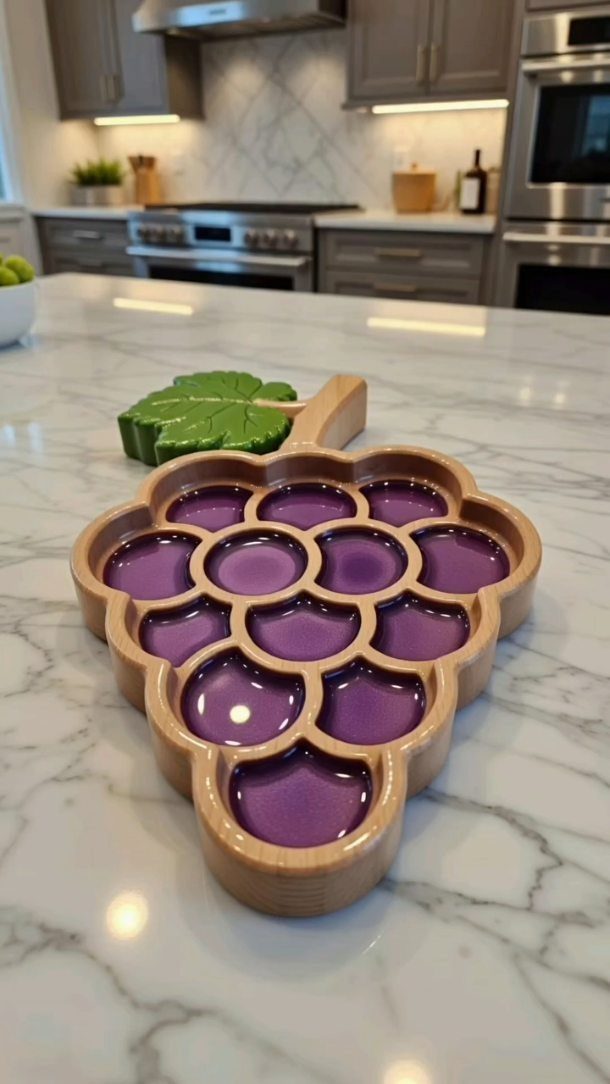 CNC Router Projects and Ideas: 10 Wood Pieces to Make 8 Grape-shaped wooden tray with purple resin inserts on a white marble countertop.
