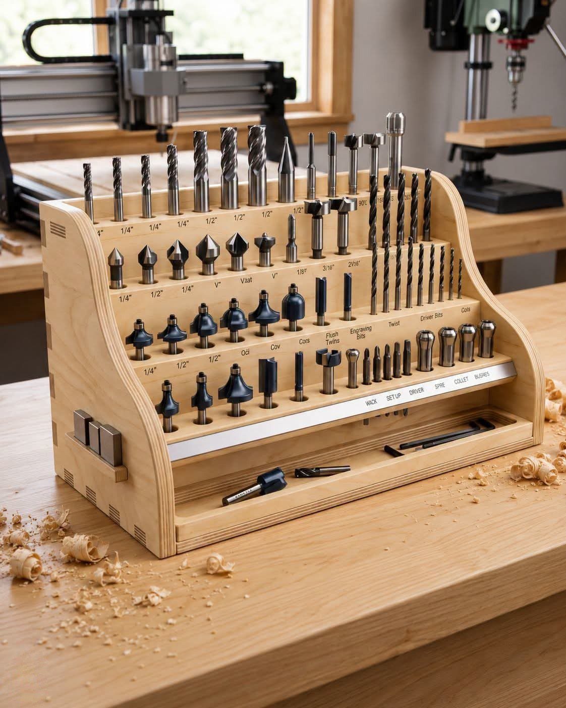 CNC Router Projects and Ideas: 10 Wood Pieces to Make 6 Wooden tiered tool organizer holding various metal drill bits on a workbench.