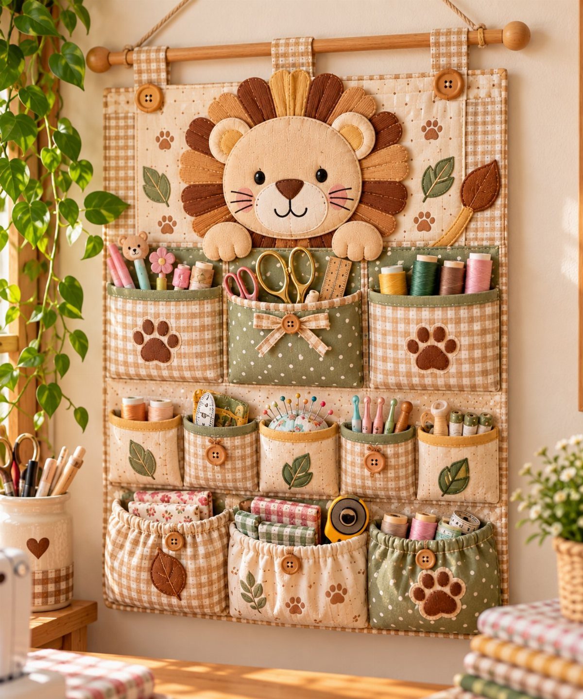 Fabric wall organizer with a lion face holding various craft tools and supplies.