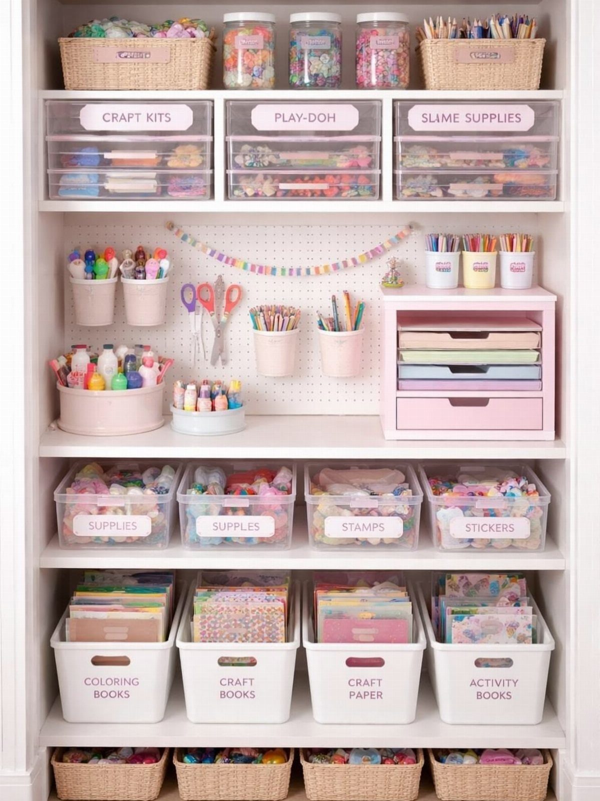 White pegboard holding craft supplies inside a well-organized white shelving unit.