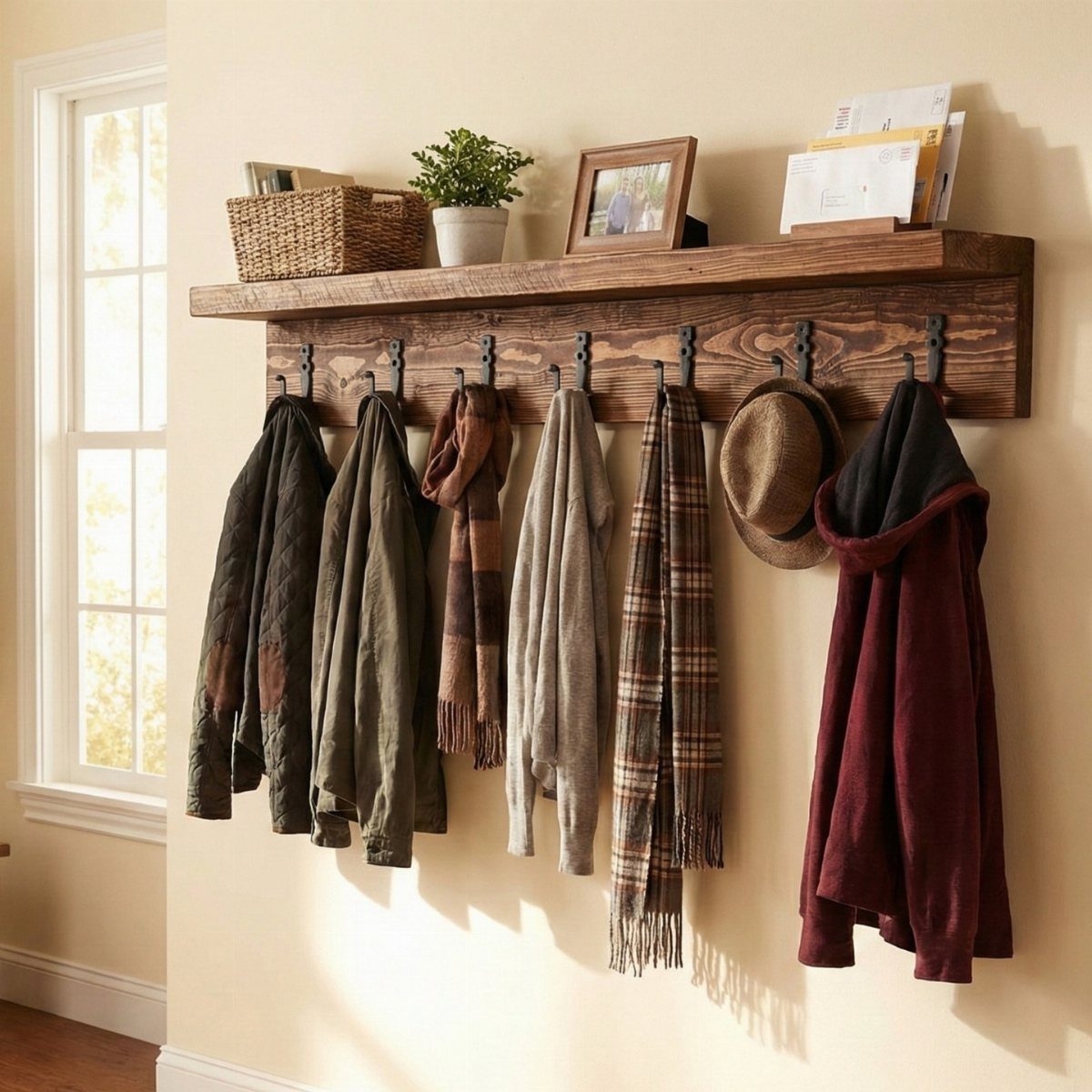 14 DIY Home Decor Wood Ideas for Every Room in the House 10 Rustic wooden coat rack with a shelf holding a plant and a wicker basket.