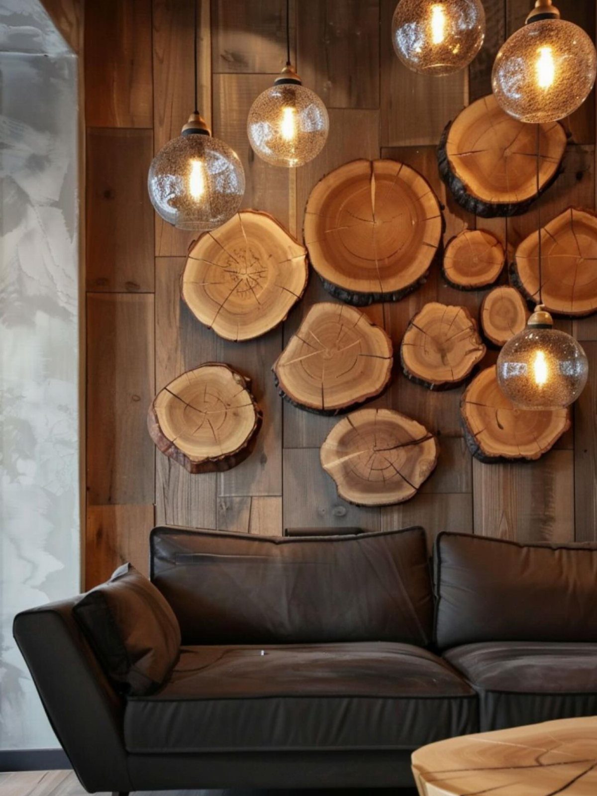 14 DIY Home Decor Wood Ideas for Every Room in the House 11 Natural wood slices mounted on a wooden plank wall above a dark leather sofa.