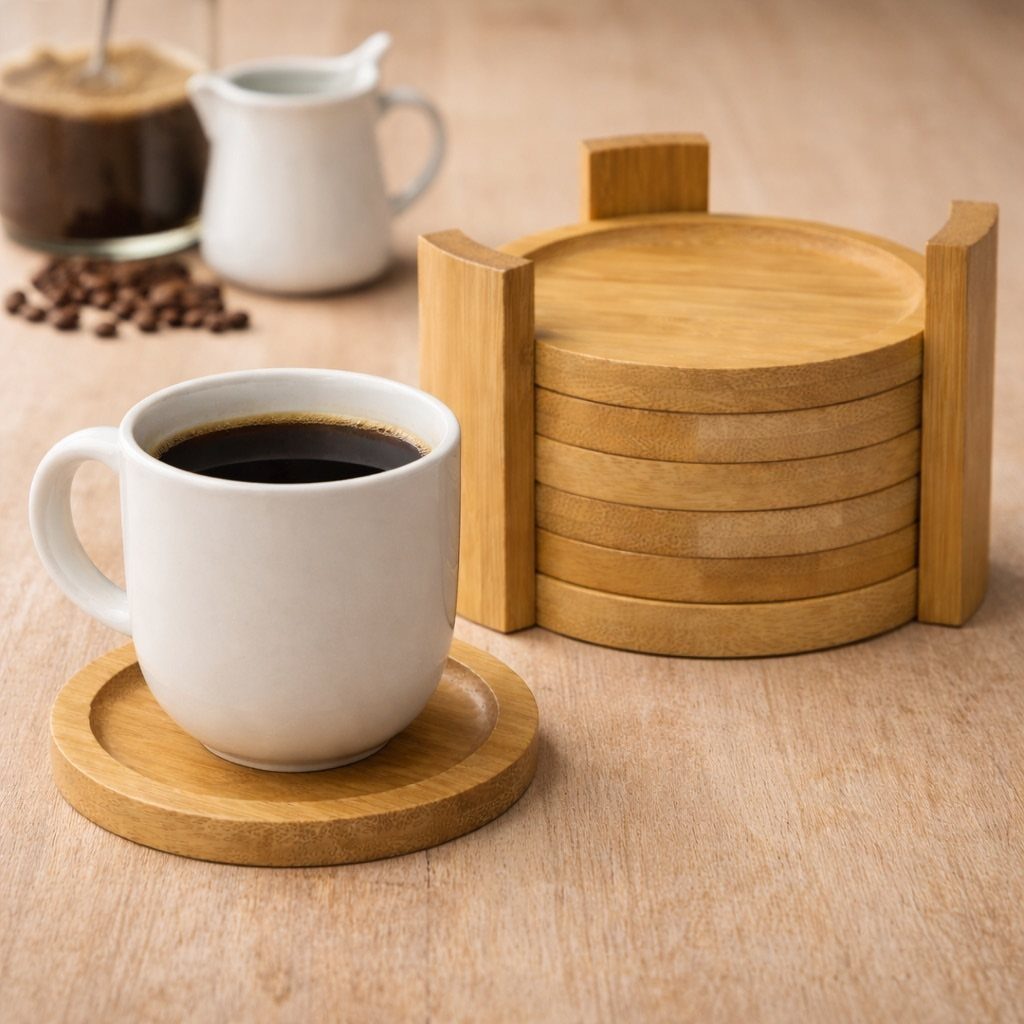 14 DIY Home Decor Wood Ideas for Every Room in the House 2 White coffee mug on a round wooden coaster next to a stack of coasters.