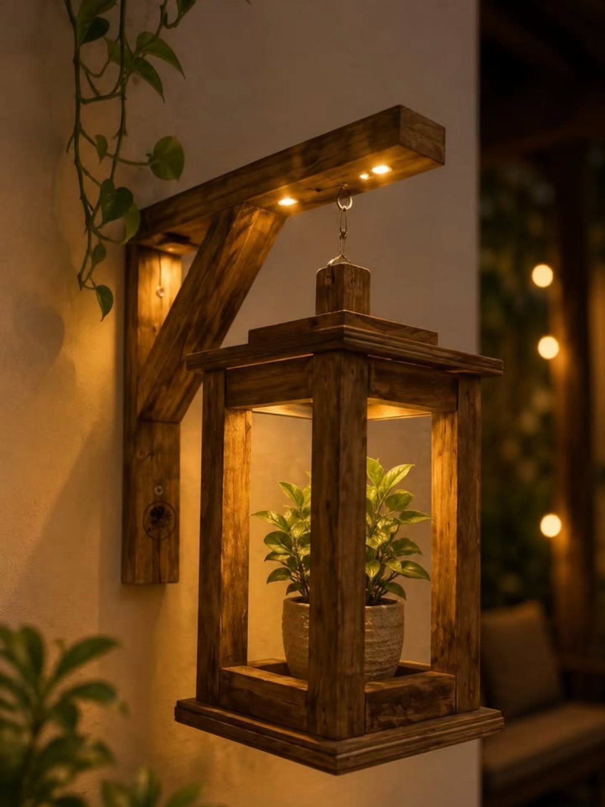 14 DIY Home Decor Wood Ideas for Every Room in the House 4 Wooden lantern with a potted plant hanging from a rustic wall bracket.