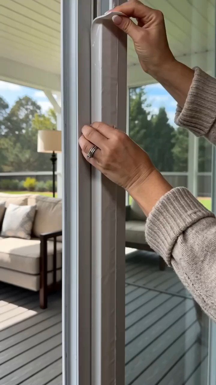 Hands applying white weatherstripping seal to a sliding glass door frame on a porch.