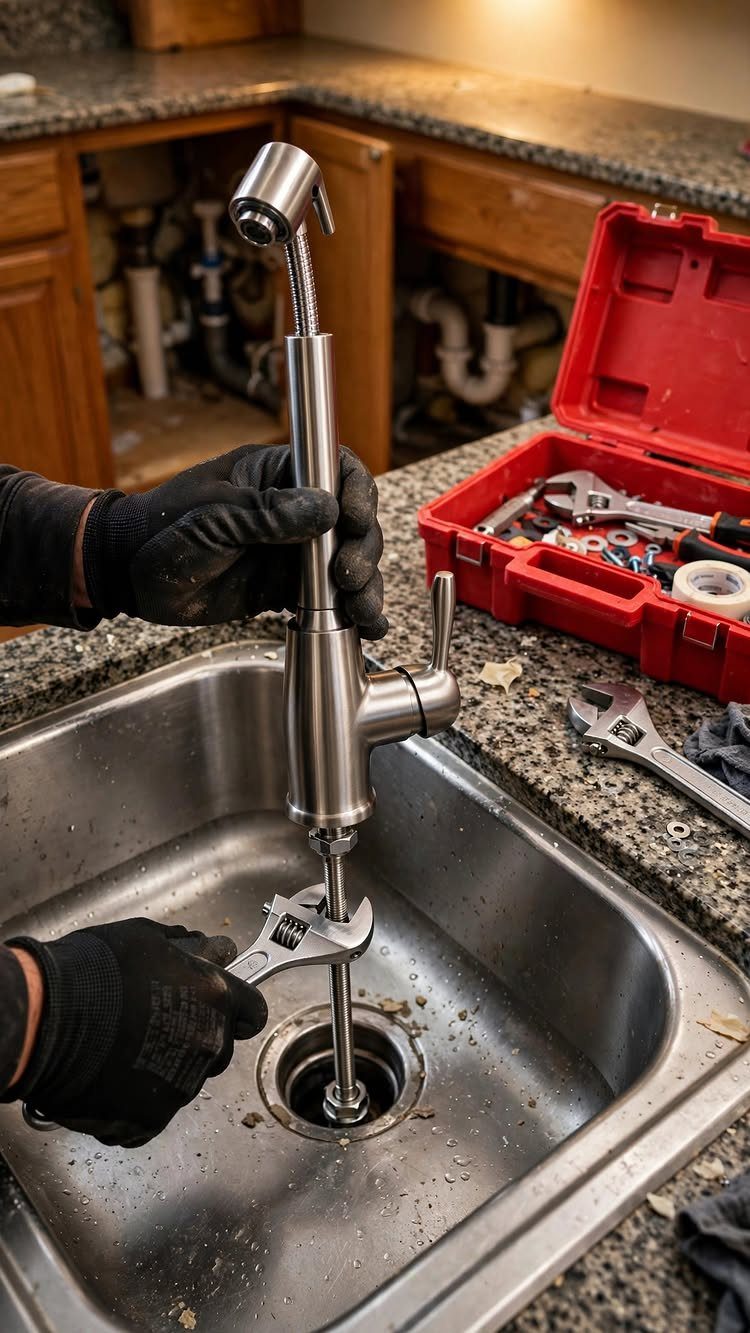 Person installing a stainless steel kitchen faucet using a wrench in a sink.