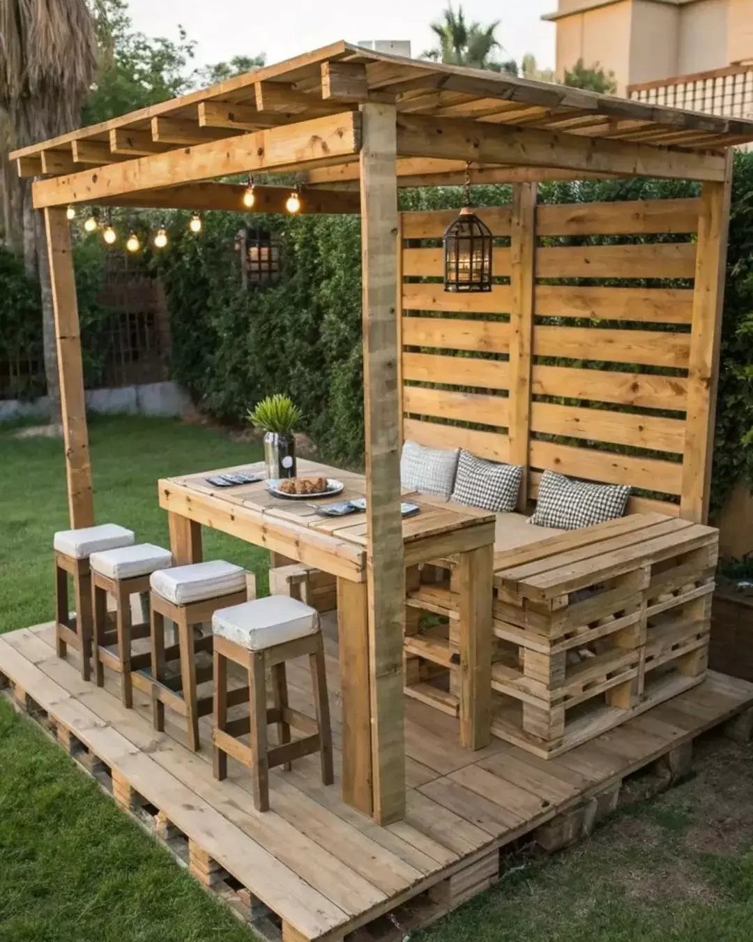 5 DIY Pallet Gazebo Ideas for Backyard Shade and Seating 1 Pallet garden gazebo with integrated seating, a wooden table, and white stools outdoors.
