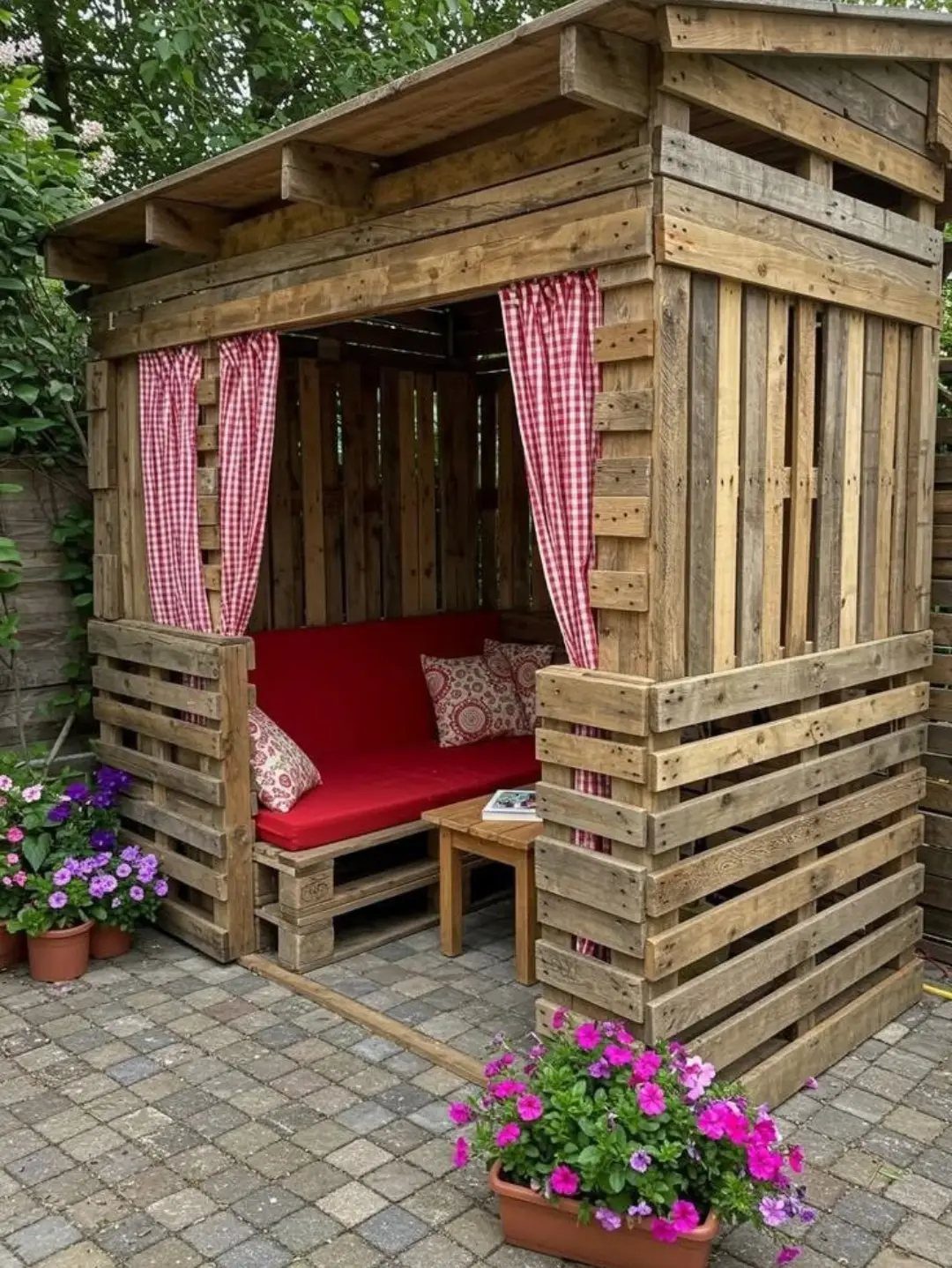 5 DIY Pallet Gazebo Ideas for Backyard Shade and Seating 3 Wooden pallet gazebo with a red cushioned bench seat and red checkered curtains.