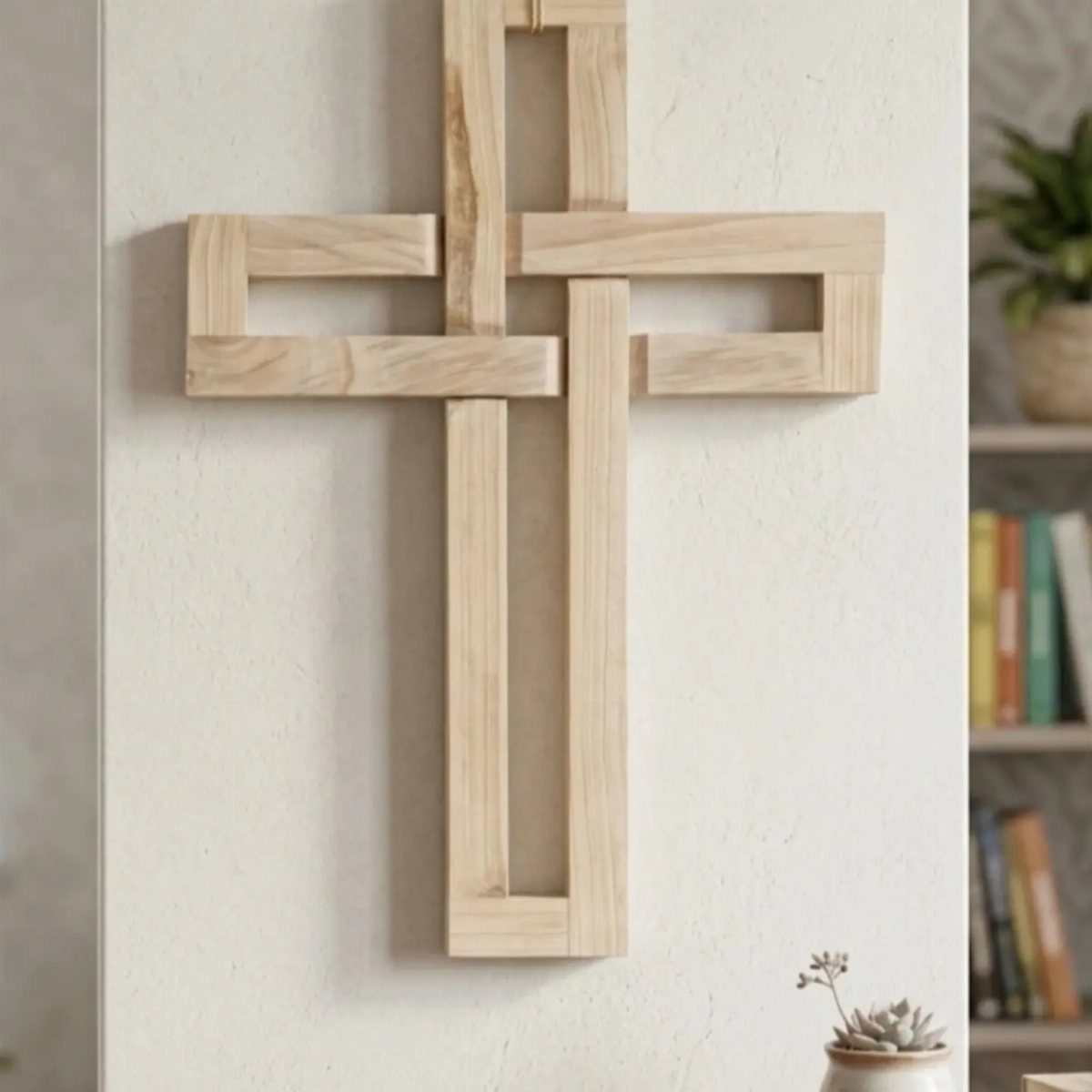 DIY Wooden Crosses: 5 Ideas, from Woven to Carved 4 Modern light wood cross with hollow center mounted on a white wall