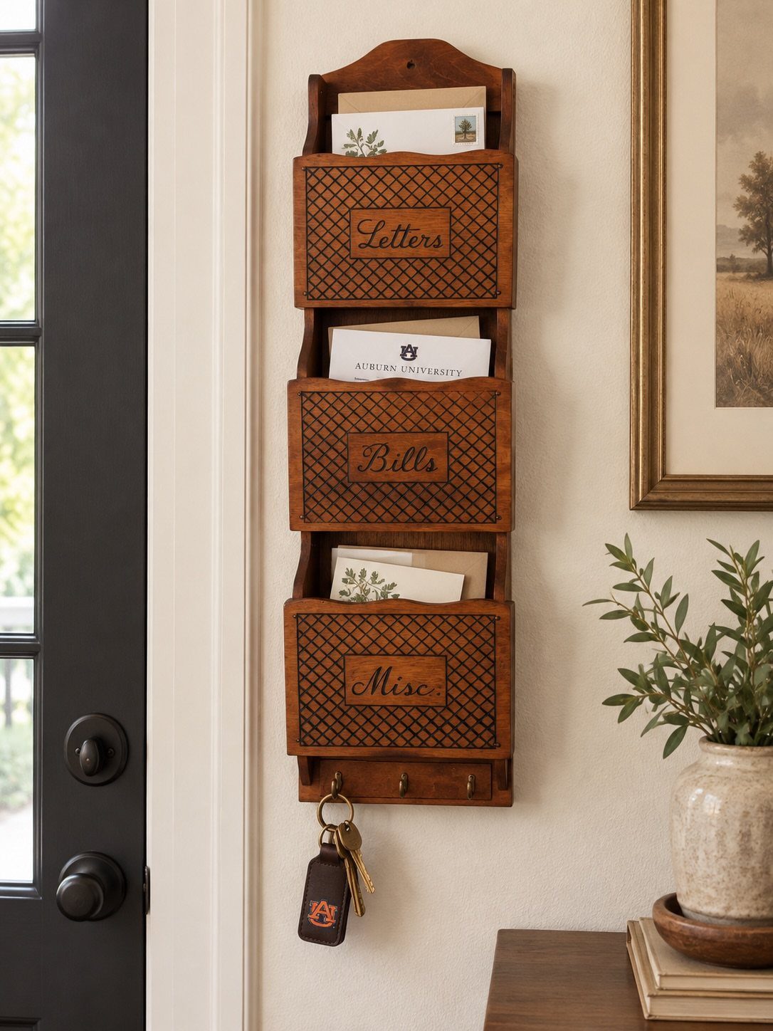 14 Easy Things to Make Out of Wood for Beginners 8 Wooden wall mail organizer with labeled compartments for letters and bills holding envelopes.