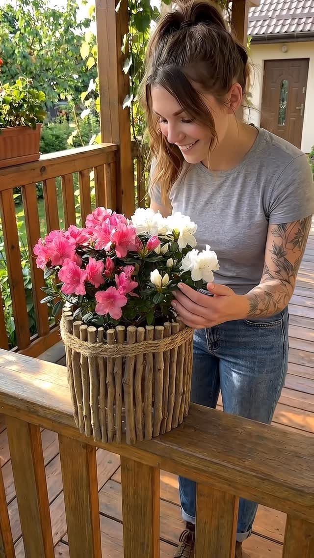 14 Easy Things to Make Out of Wood for Beginners 10 Woman smiling at a rustic wooden planter filled with pink and white flowers.