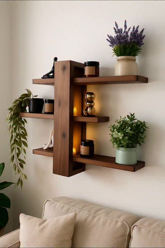 14 Easy Things to Make Out of Wood for Beginners 3 Dark brown wooden wall shelf holding plants and candles above a beige sofa.