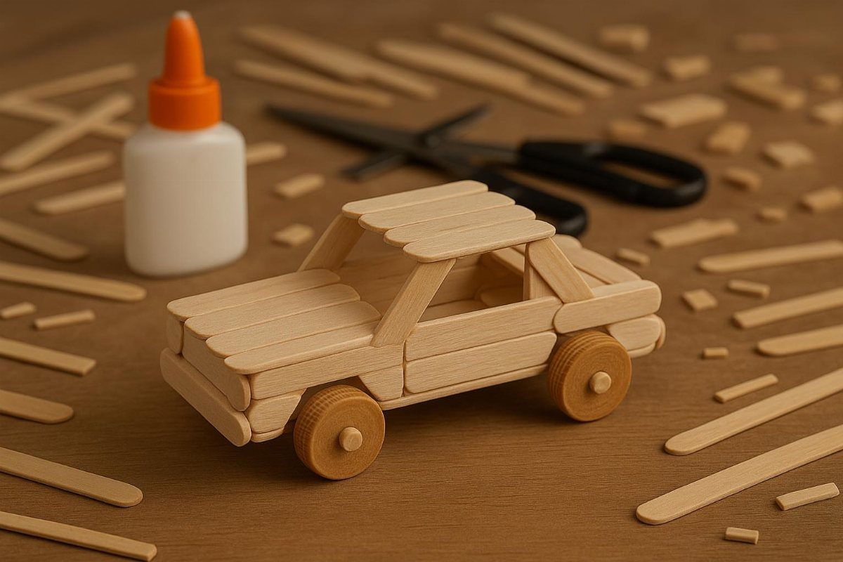 14 Easy Things to Make Out of Wood for Beginners 12 Toy car made of popsicle sticks on a wooden table with glue and scissors.