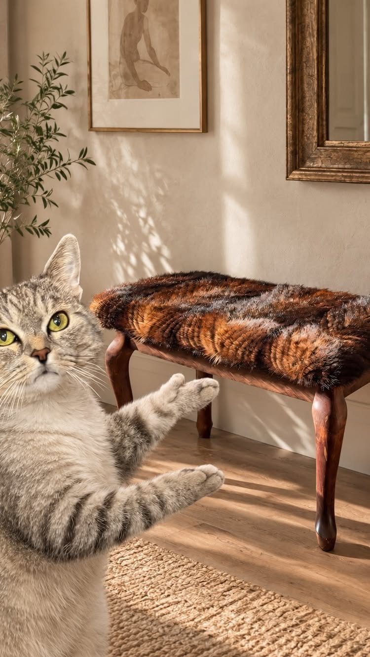 9 Easy to Make Furniture Ideas for Beds, Benches and More 5 Grey tabby cat reaching for a brown faux-fur bench with wooden legs.