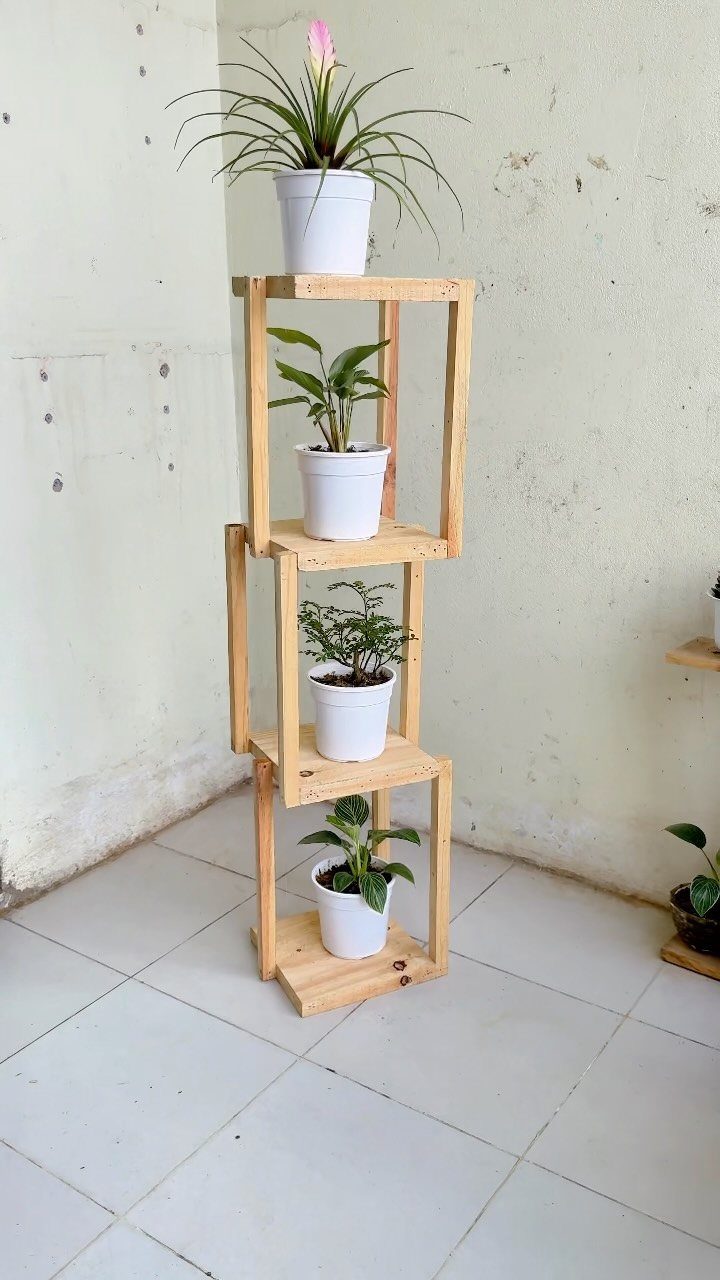 9 Easy to Make Furniture Ideas for Beds, Benches and More 2 Wooden tiered plant stand holding four potted green plants against a white wall.