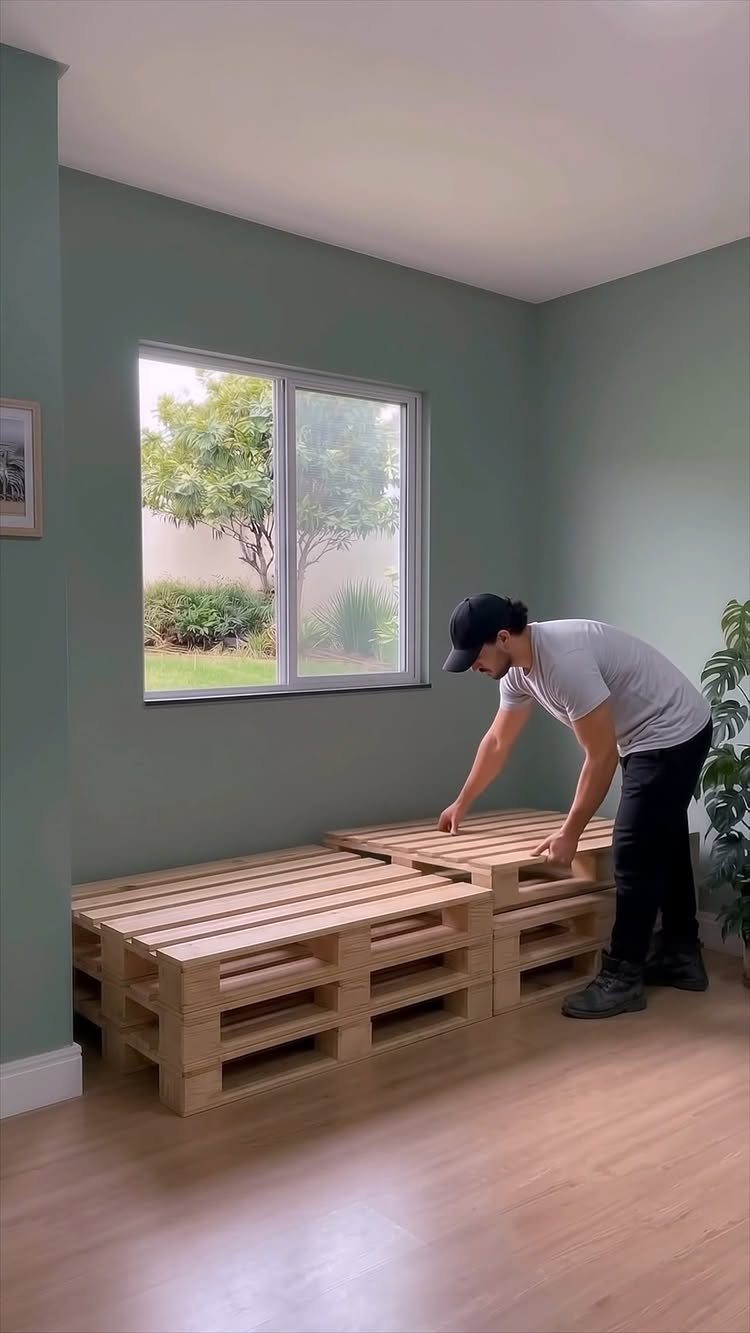 9 Easy to Make Furniture Ideas for Beds, Benches and More 1 Wooden pallet bed frame in a room with a man standing beside it.