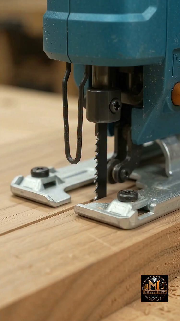 Blue electric jigsaw cutting a straight line through a light brown wooden board