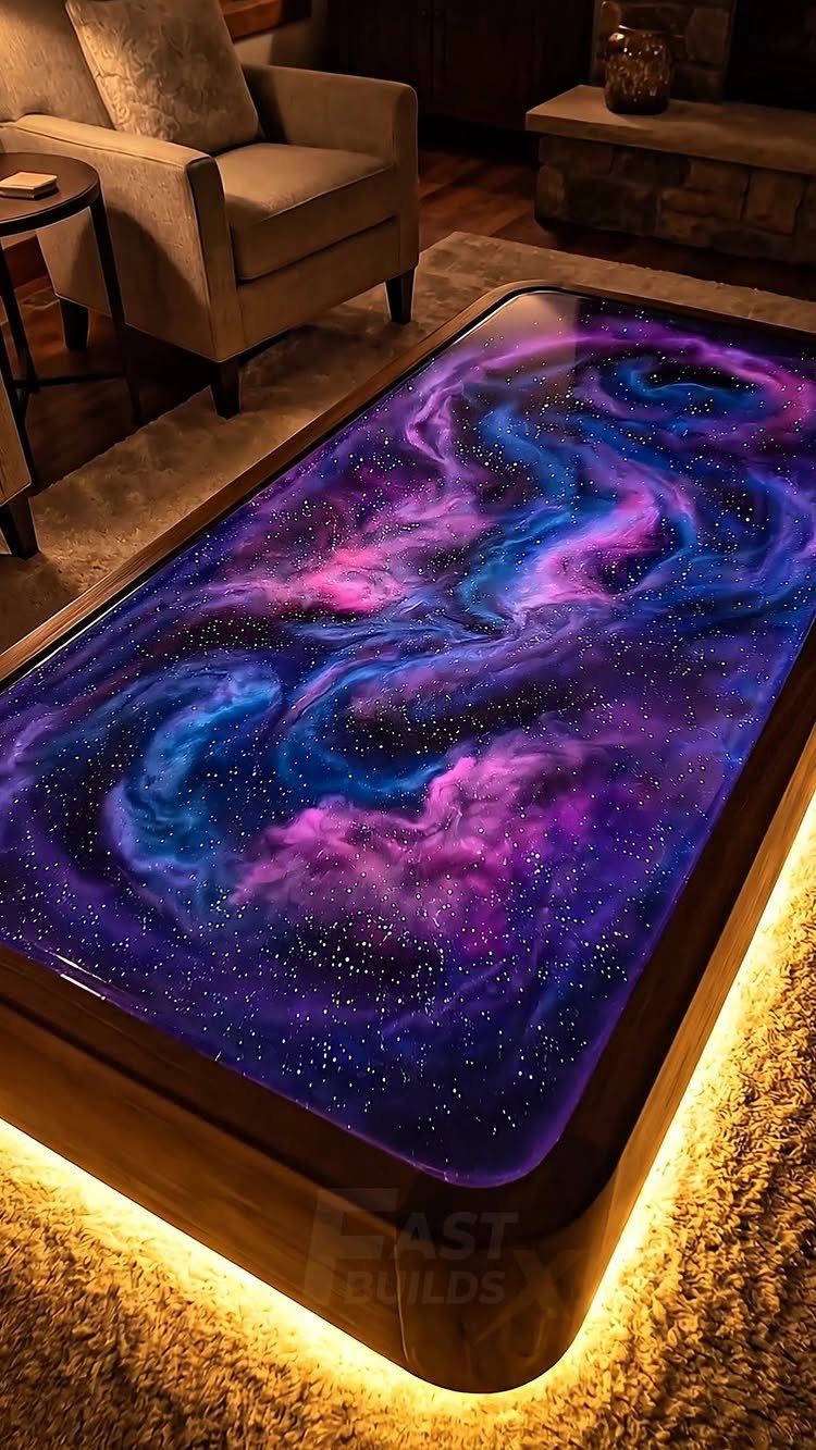 9 Epoxy Resin Wood Projects: Tables, Trays, Clocks and Coasters 7 Galaxy-themed epoxy resin wood coffee table with purple swirls and under-glow lighting.