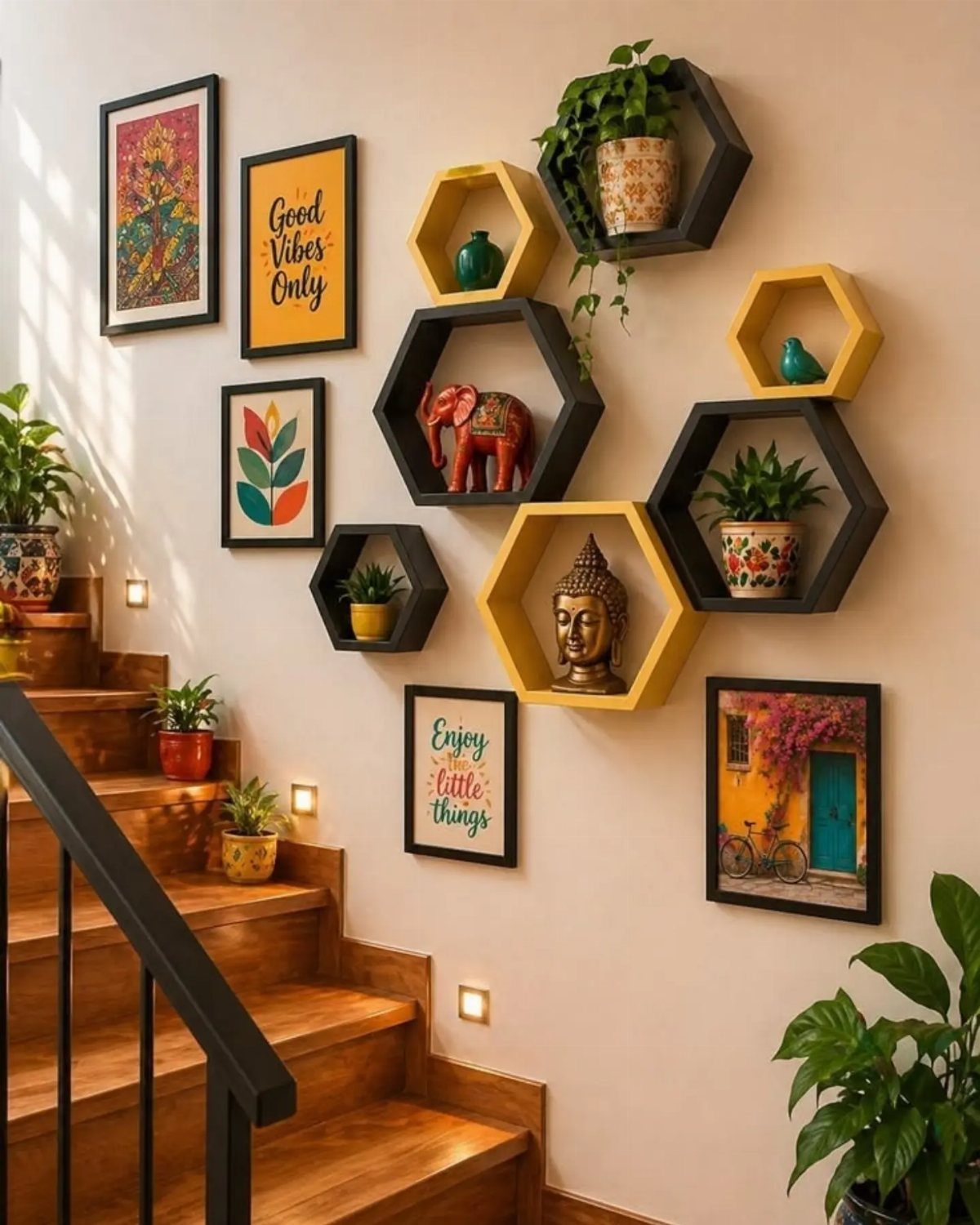Hexagonal floating wooden shelves holding plants and decor on a wall by stairs.