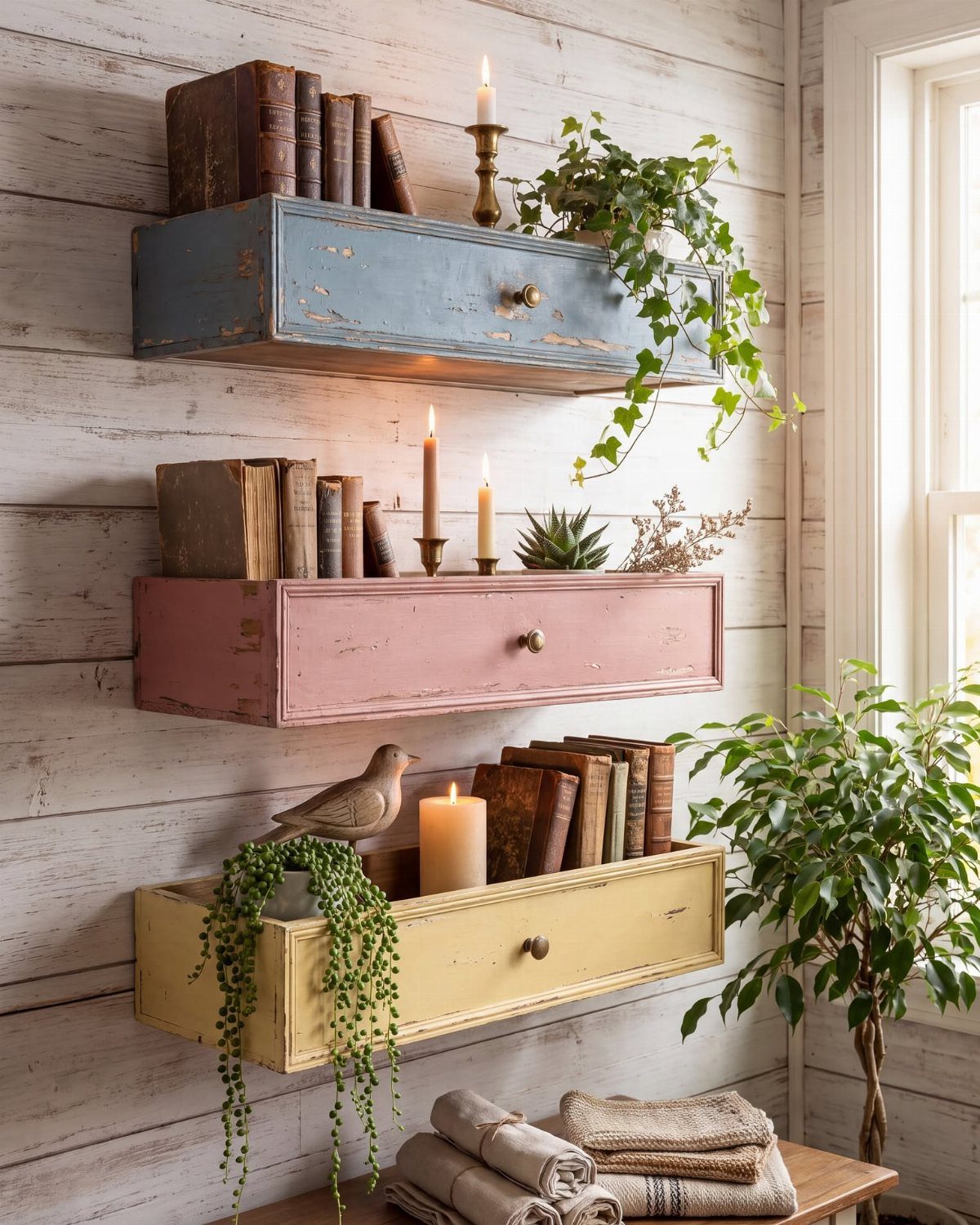 Three colorful rustic drawer floating shelves on a white wooden wall with books and plants