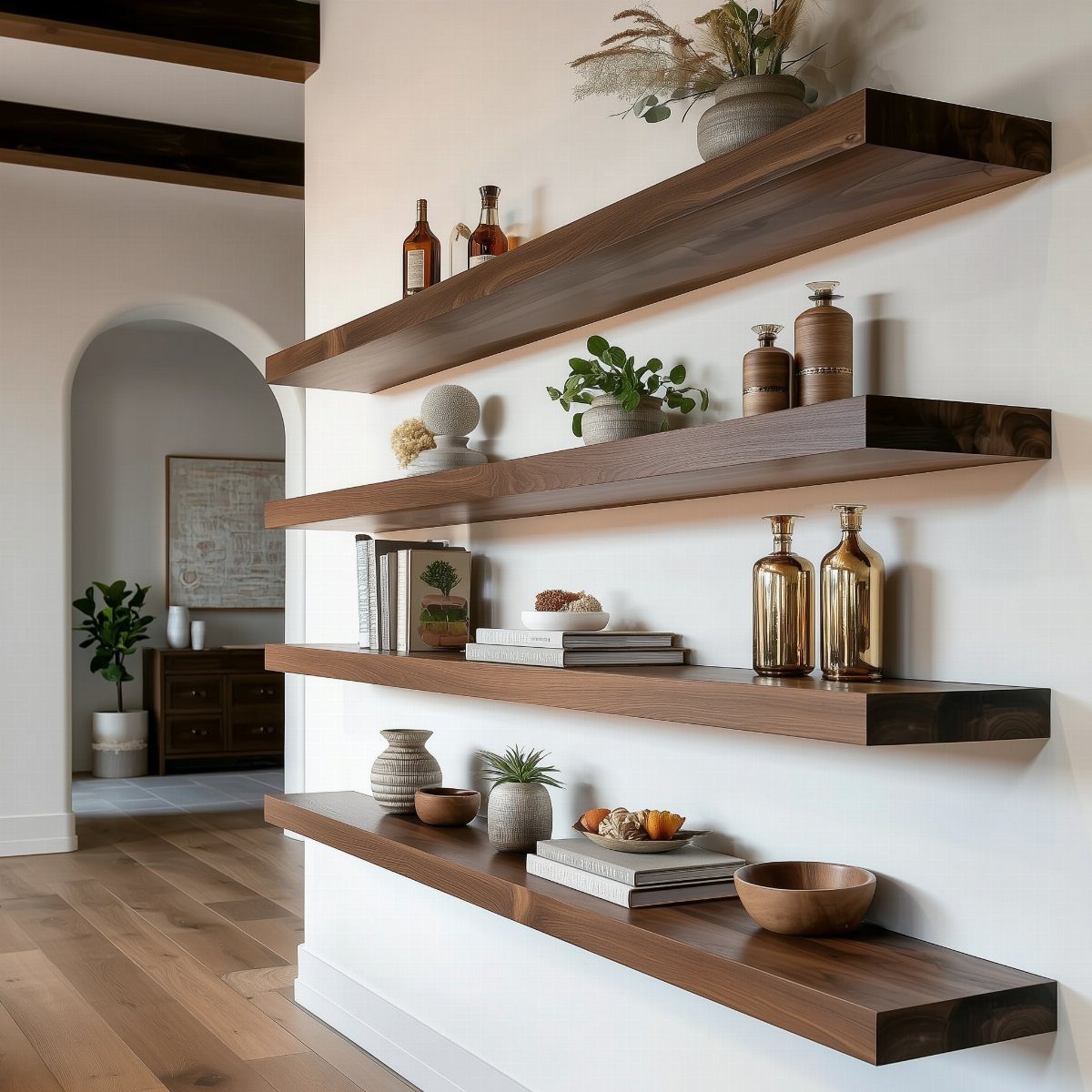 Four dark brown wooden floating shelves on a white wall with home decor items.