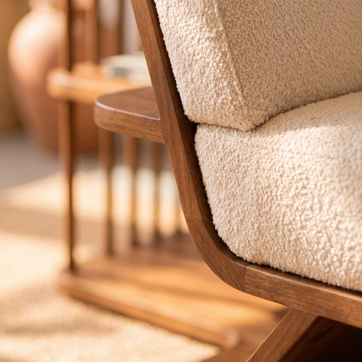 Curved wooden chair frame with cream bouclé fabric upholstery in a bright room.
