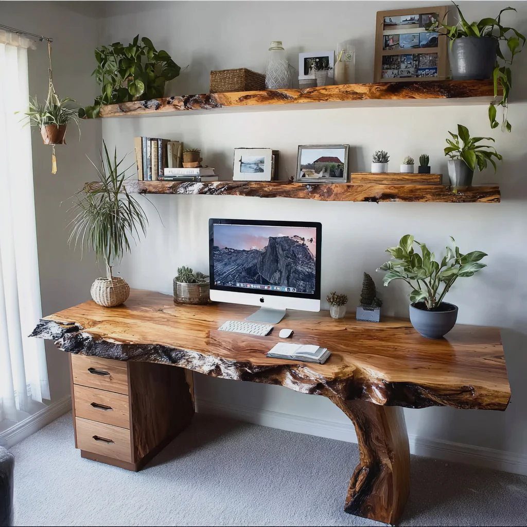 Live edge wooden desk and matching floating shelves in a bright home office.