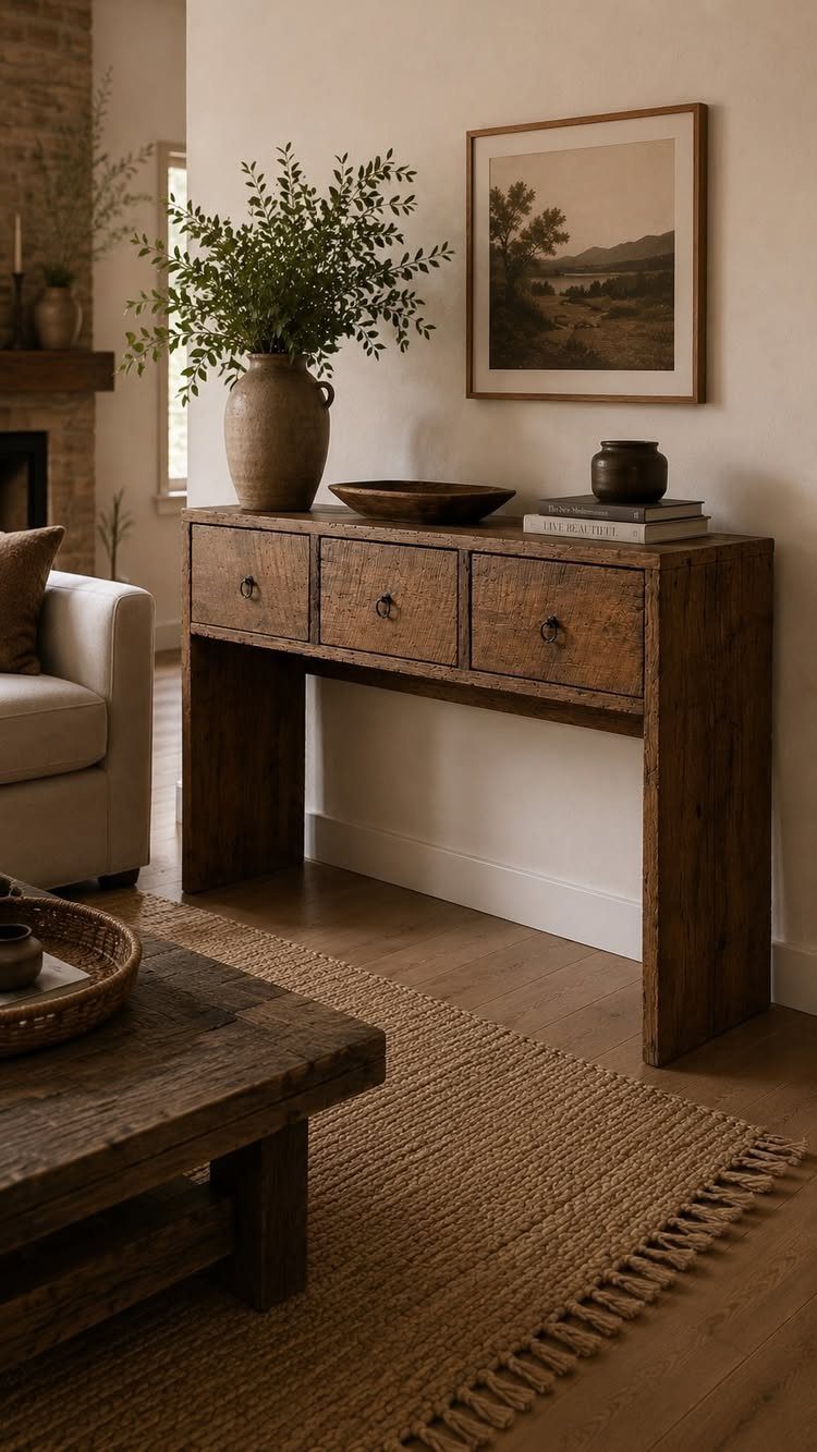 Rustic wooden console table with drawers and a clay vase in a neutral room.