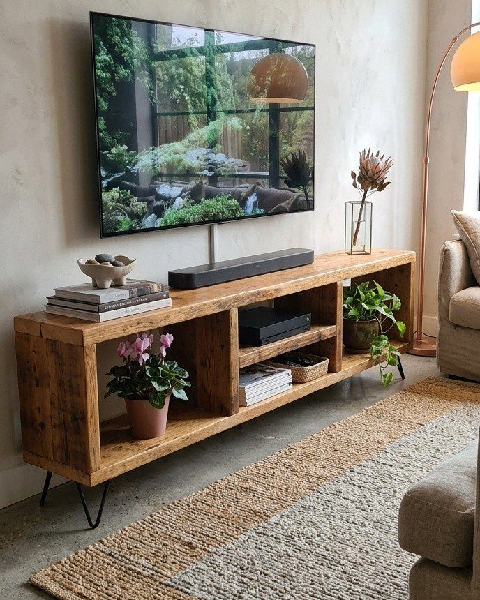 Rustic wooden TV stand with open shelves in a modern living room setting
