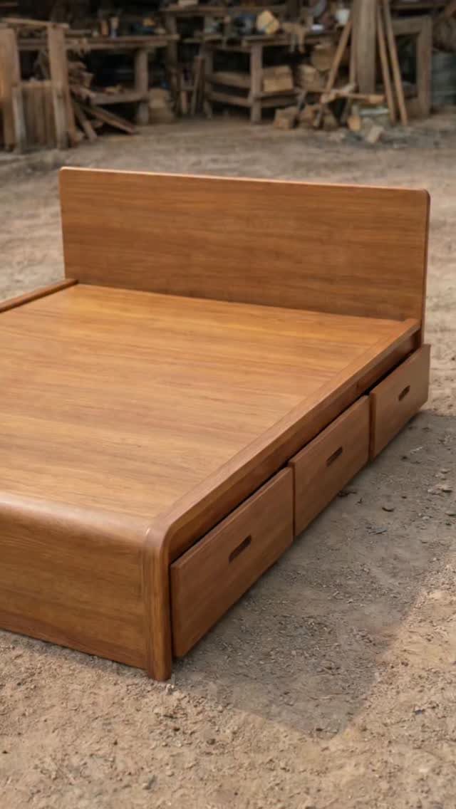 Wooden bed frame with integrated storage drawers in a carpentry workshop setting