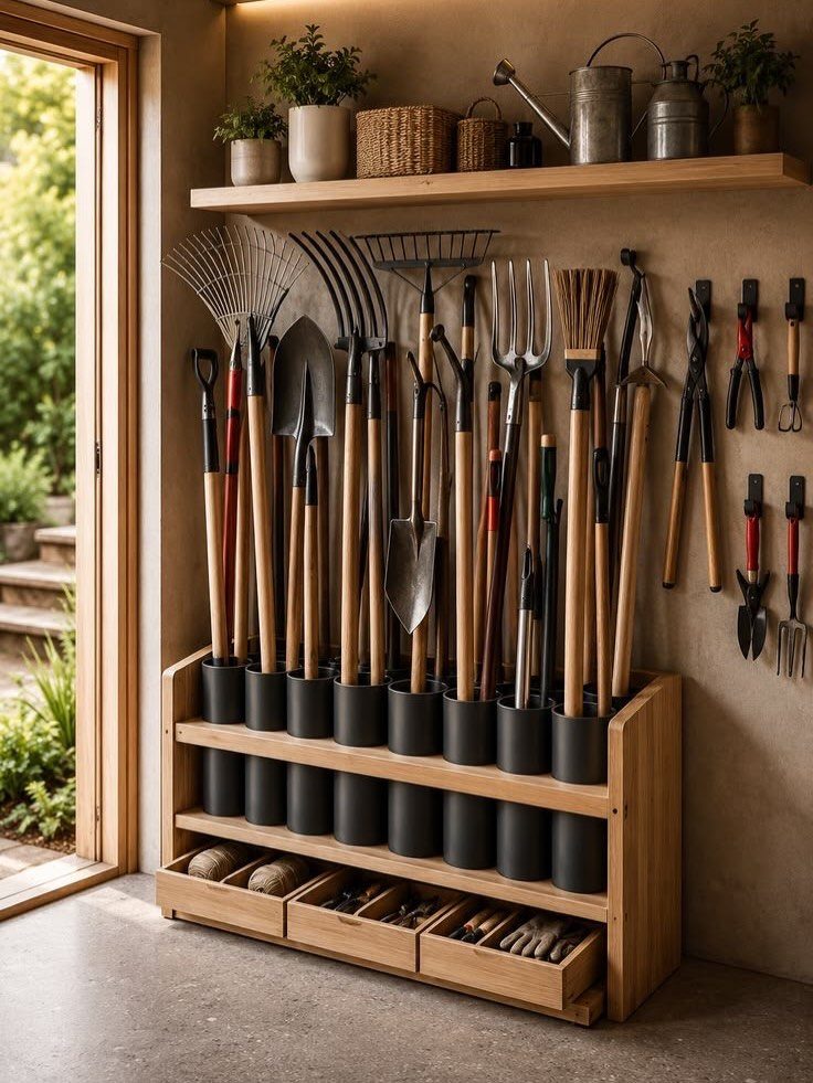 10 Garden Tool Storage Ideas for Any Yard or Garage 7 Wooden garden tool storage rack with rakes and shovels in a tidy shed.