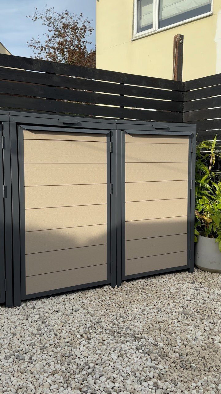 10 Garden Tool Storage Ideas for Any Yard or Garage 10 Outdoor storage locker with tan slats and grey frame on white gravel ground.