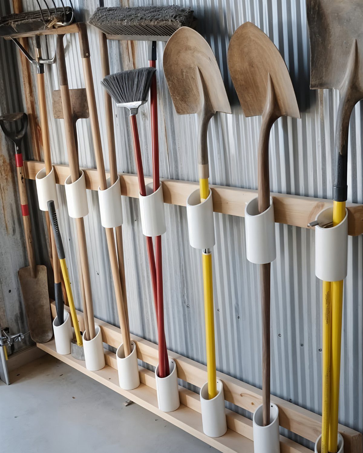 10 Garden Tool Storage Ideas for Any Yard or Garage 1 Garden tools held in white PVC pipe holders on wooden wall rails.