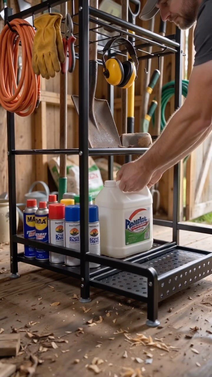 10 Garden Tool Storage Ideas for Any Yard or Garage 4 Black metal wire shelving unit holding garden chemicals, tools, and a coiled orange hose.
