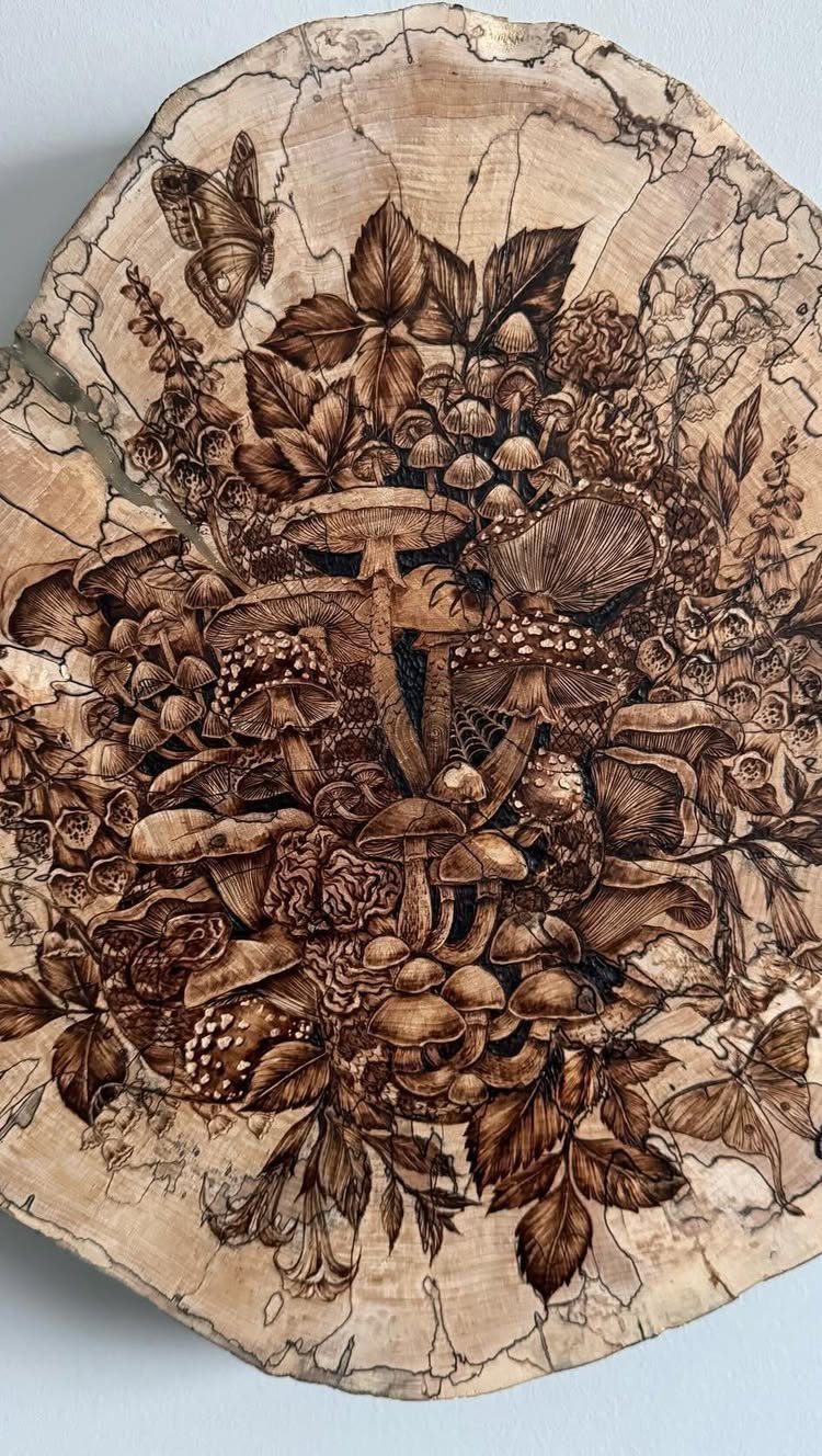 How to Burn Wood Art: 12 Ideas for Every Skill Level 4 Intricate wood burning art of mushrooms and a bee on a natural wood slice.