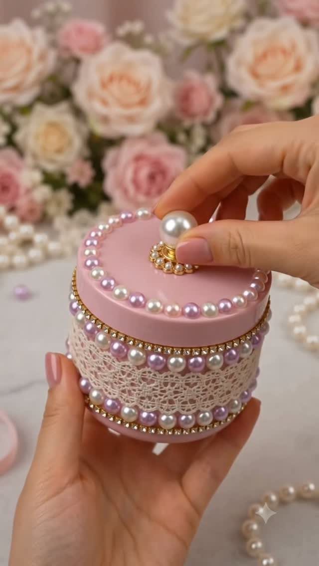 Pink round jewelry box decorated with pearls and lace held by two hands.