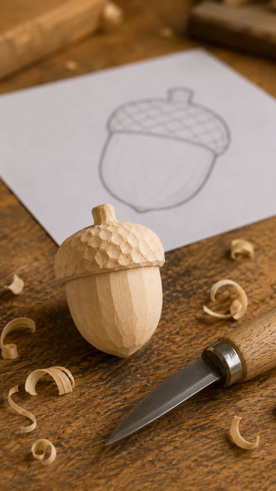Learn How to Carve Wood: 4 Ideas to Start With 4 Carved wooden acorn with a carving knife and wood shavings on a table.