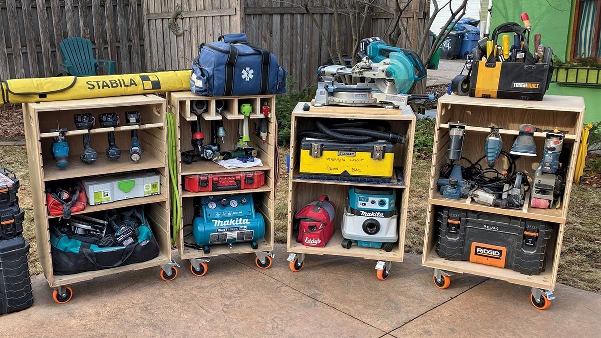 Mobile Tool Cabinet Ideas: 5 Options for Your Garage 5 Wooden mobile tool cabinets with wooden countertops holding various power tools on a patio.