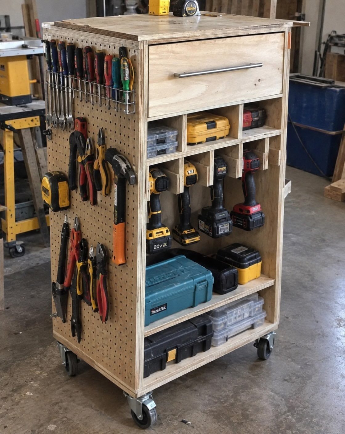 Mobile Tool Cabinet Ideas: 5 Options for Your Garage 2 Wooden mobile workbench with tool storage, pegboard, and casters in a workshop.
