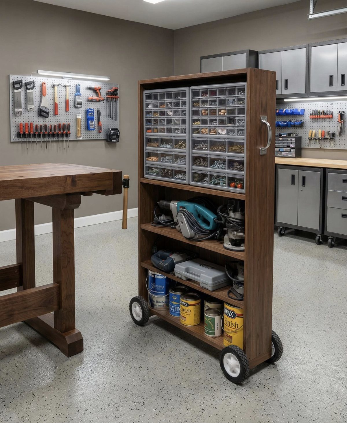 Mobile Tool Cabinet Ideas: 5 Options for Your Garage 3 Wooden mobile tool cabinet with organizer drawers and shelves in a home garage.