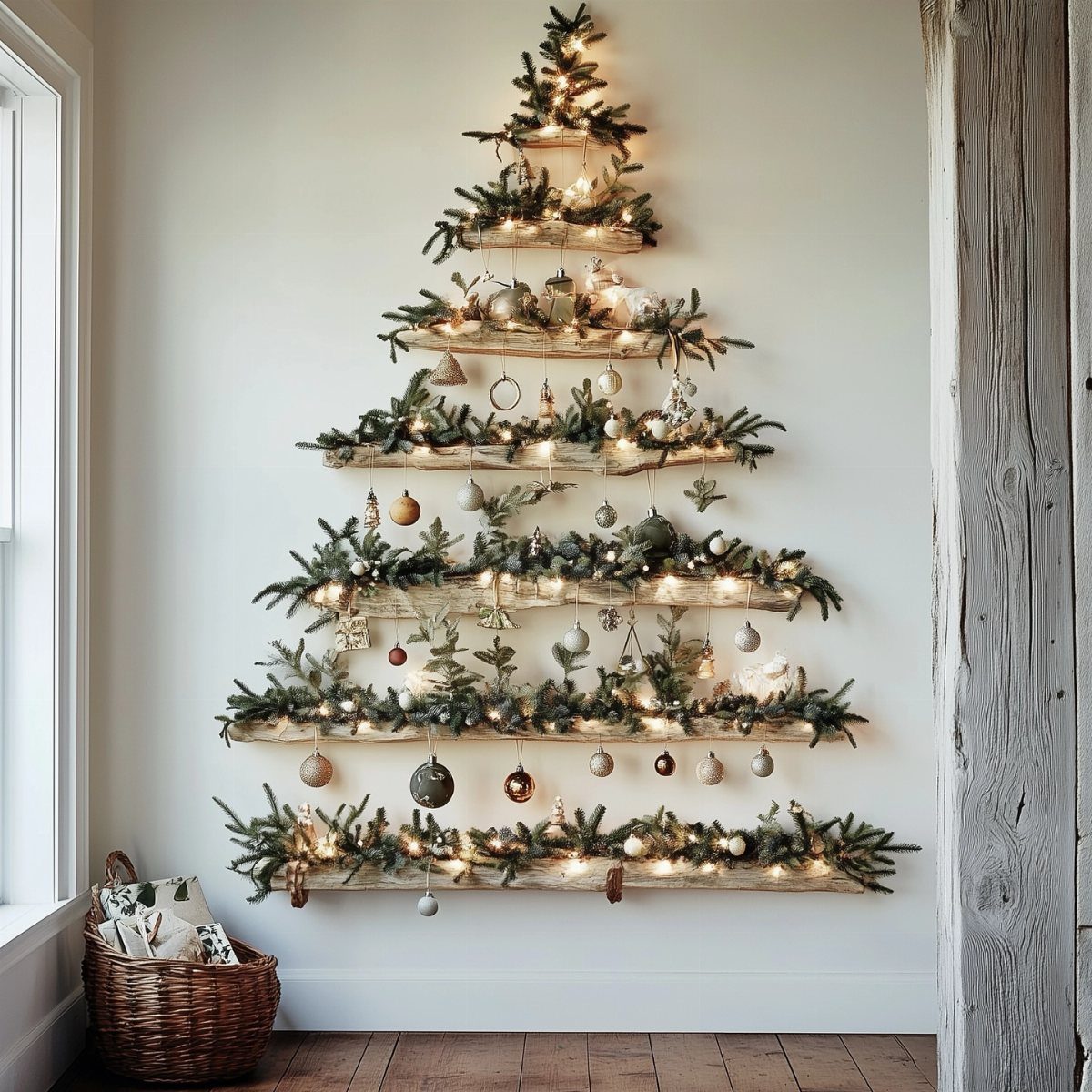 Christmas tree shaped wall shelf decorated with pine branches, lights, and ornaments.