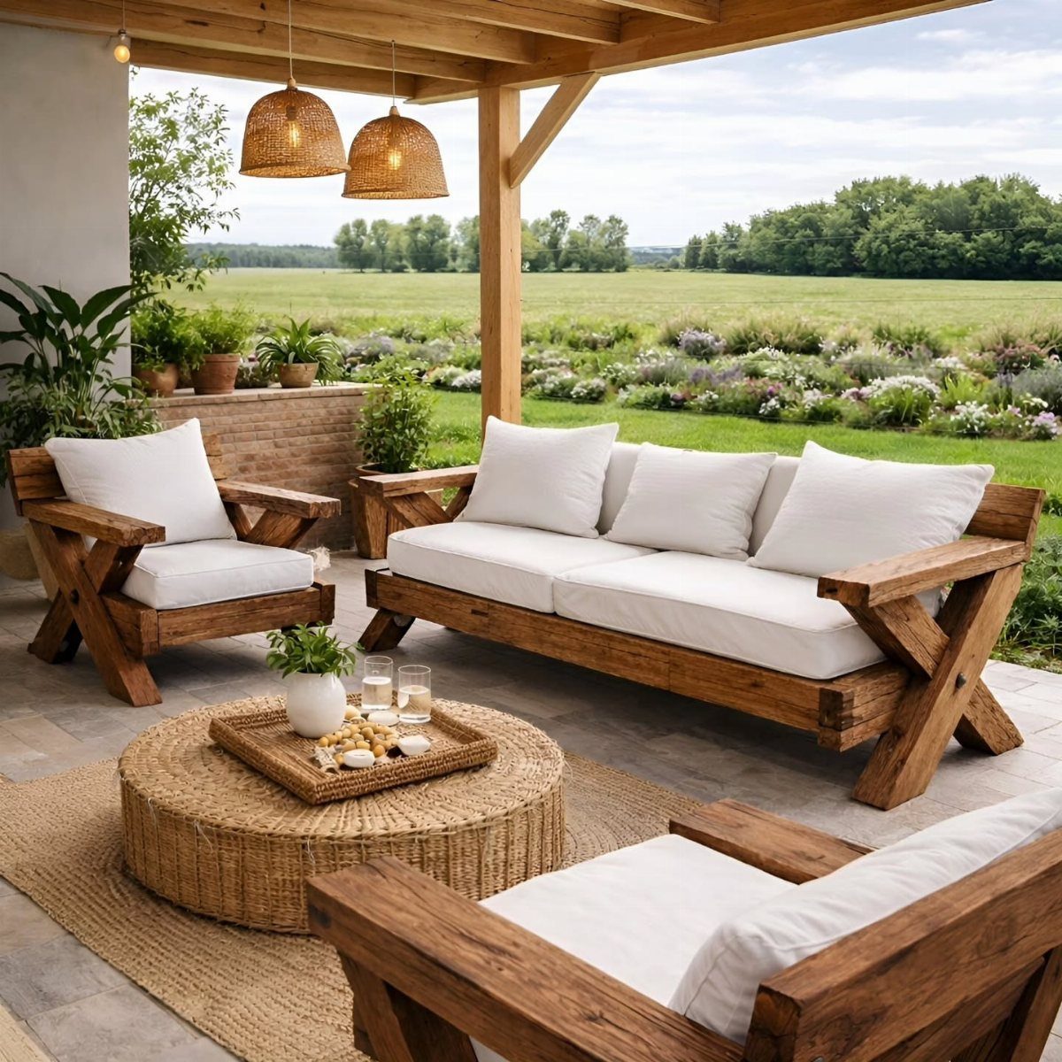 Wooden outdoor couch with white cushions on a patio overlooking a green field.